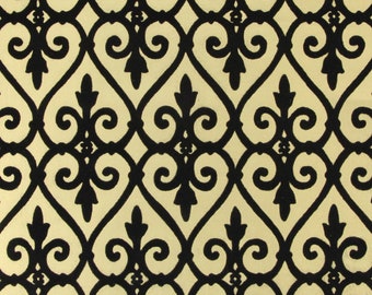 1970s Retro Flock Vintage Wallpaper - Black Damask Gridiron on Gold, Sold by the Yard