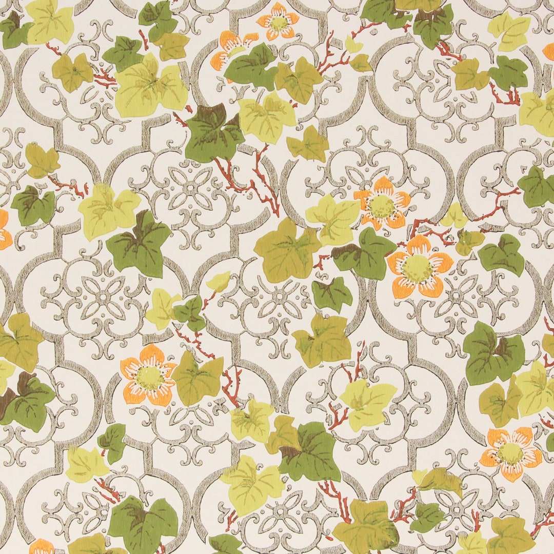 1970s Vintage Wallpaper - Retro Orange Flowers and Ivy on Gold Trellis ...
