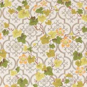 1970s Vintage Wallpaper - Retro Orange Flowers and Ivy on Gold Trellis, Sold by the Yard