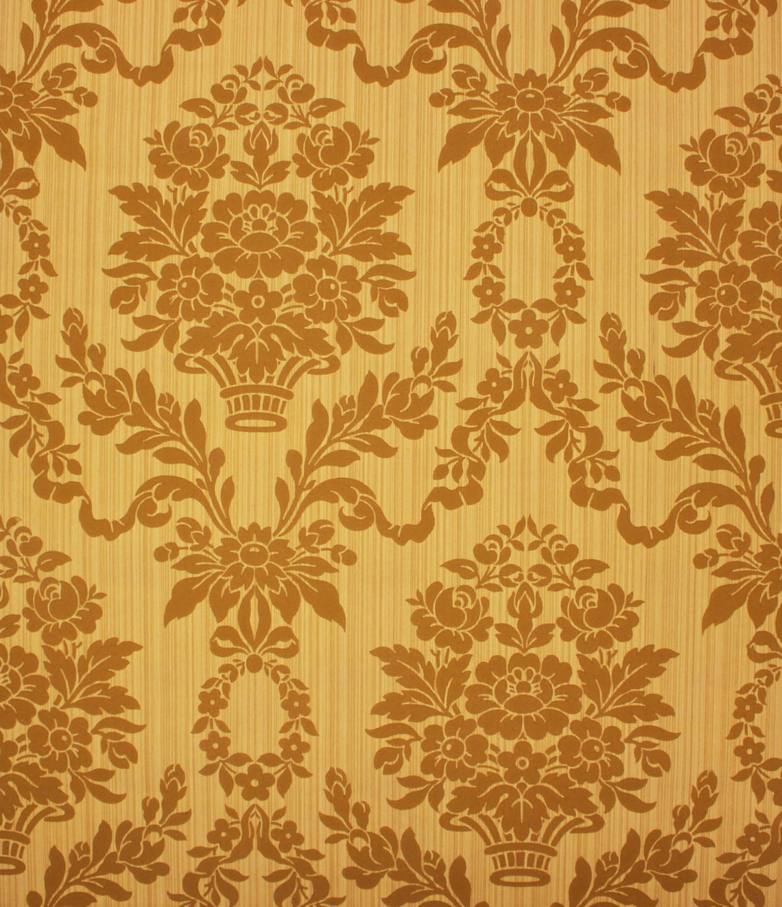 1950s Vintage Wallpaper Gold Floral Baskets on Gold Stripe by Etsy