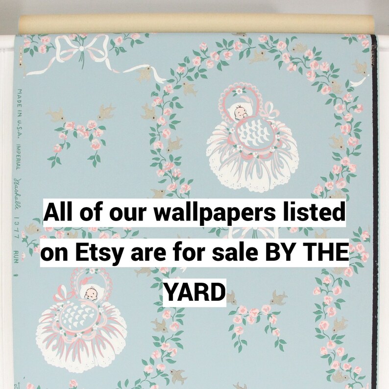 1940s Vintage Nursery Wallpaper - Baby Bassinet Cradle Roses Ribbon on ...