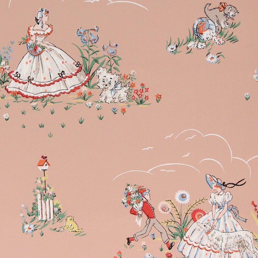 1940s Vintage Children's Wallpaper Flower Garden Girl Kittens Puppies