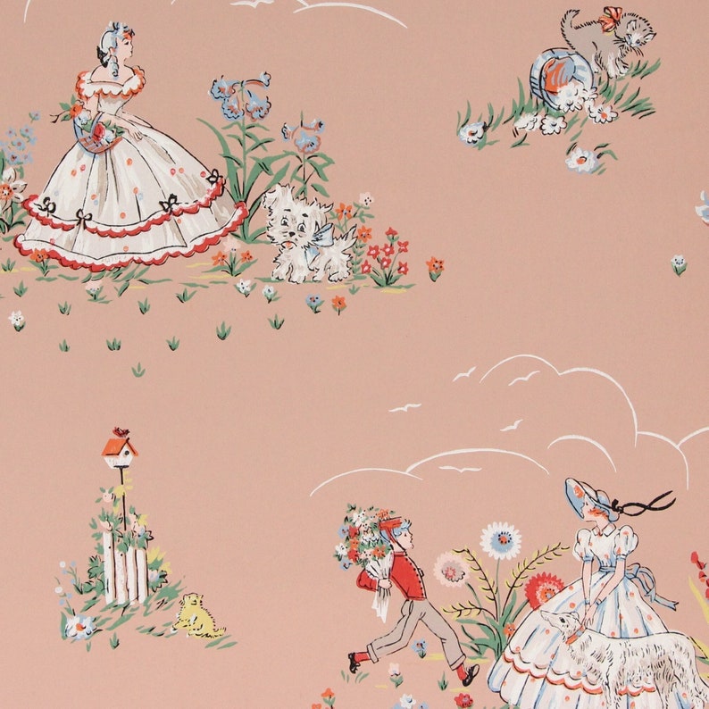 1940s Vintage Nursery Wallpaper - Flower Garden Girl Kittens Puppies on ...