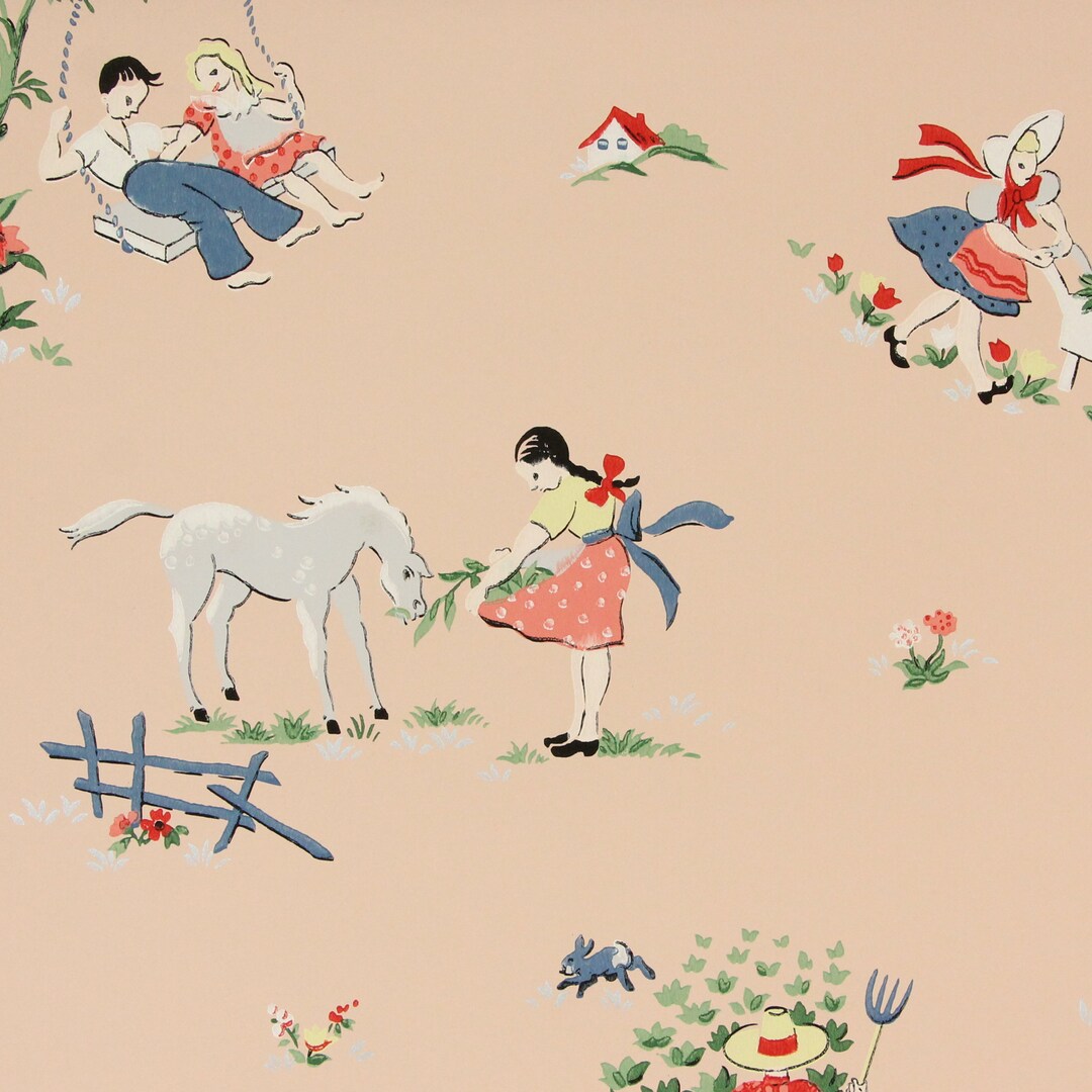 1940s Vintage Children's Wallpaper Garden Swing on Pink by the Yard Etsy