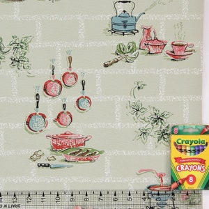 1960s Vintage Wallpaper - Red Blue Kitchen Utensils on Green Brick