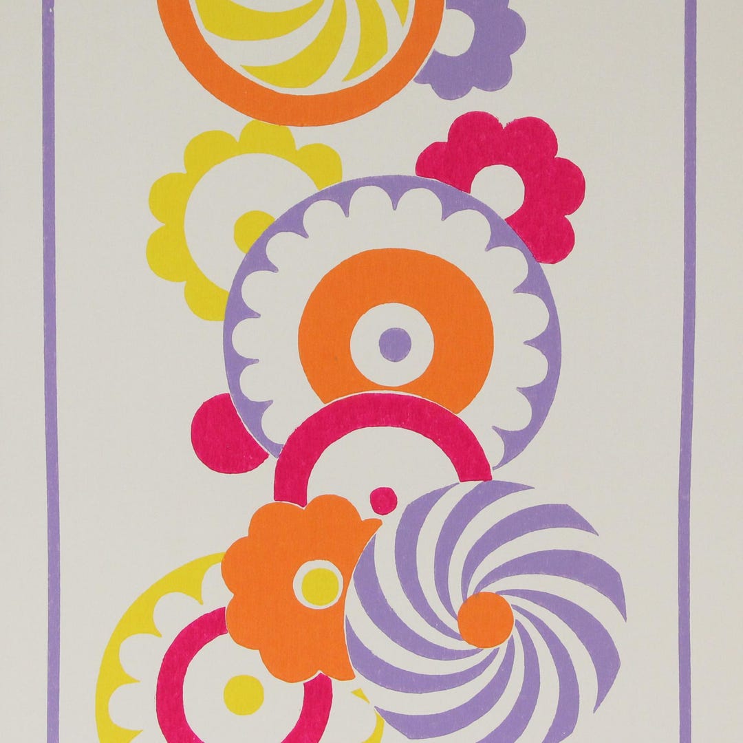 1970s Vintage Wallpaper - Vinyl Retro Yellow Orange Purple Flowers on ...