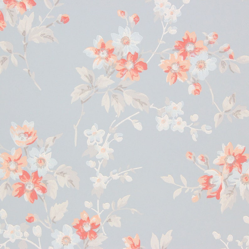 1940s Vintage Wallpaper Orange Flowers on Blue by the Yard