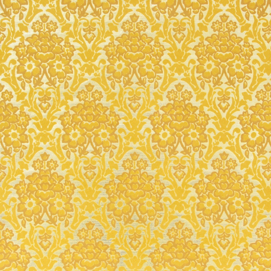 1970s Retro Vintage Flock Wallpaper - Yellow Gold Damask Design on Gold ...