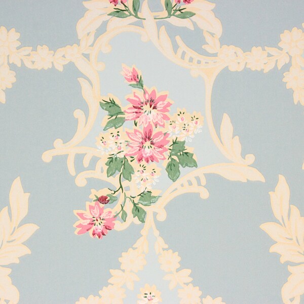 1930s Vintage Wallpaper Pink Flowers Swags on Blue  by the Yard