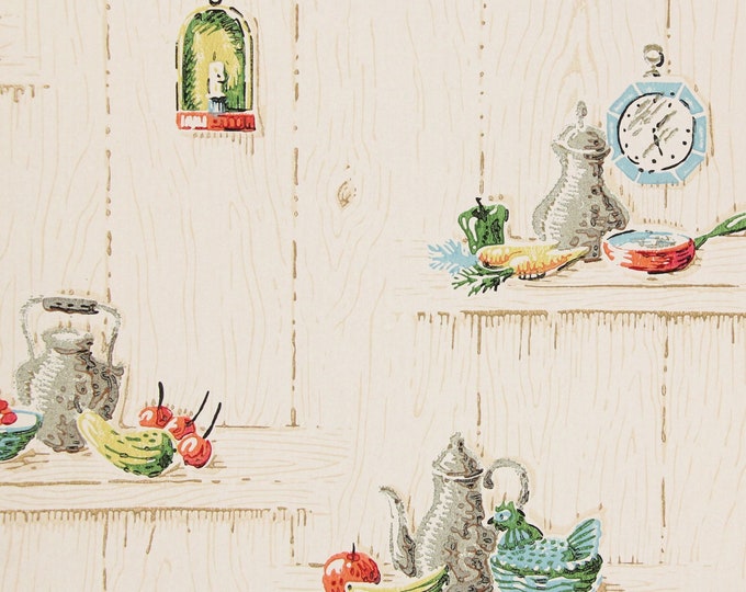 1950s Vintage Wallpaper Blue and Red Kitchen on Wood Grain Plank by the