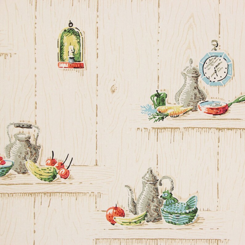 1950s Vintage Wallpaper Blue and Red Kitchen on Wood Grain Etsy