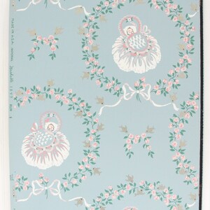 1940s Vintage Nursery Wallpaper - Baby Bassinet Cradle Roses Ribbon on ...