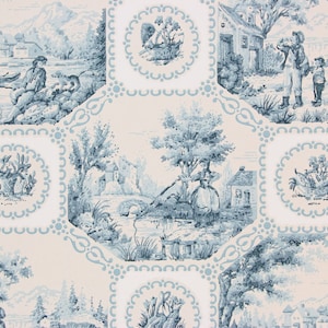 1950s Vintage Wallpaper - Blue Idyllic Scenic Village, Sold by the Yard