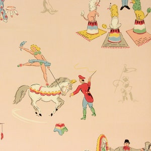 1930s Vintage Nursery Wallpaper - Circus Ringleader Poodles Elephants Acrobats Clowns, Sold by the Yard