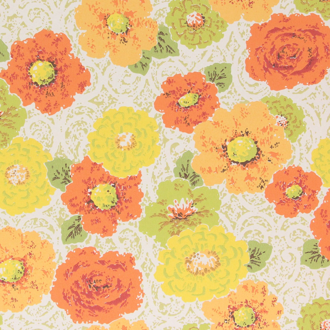 1960s Vintage Wallpaper - Retro Orange Yellow Green Flowers on White ...