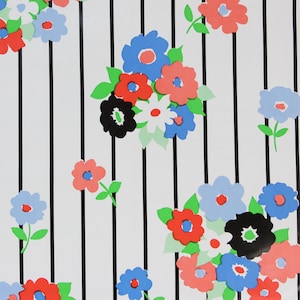 1970s Vintage Peel and Stick Wallpaper - Red and Blue Floral on Black Stripe, Sold by the Yard