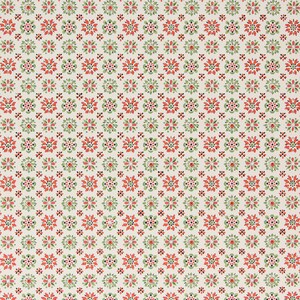 May include: A repeating pattern of red and green floral designs on a white background. The pattern is made up of small, stylized flowers with four petals.