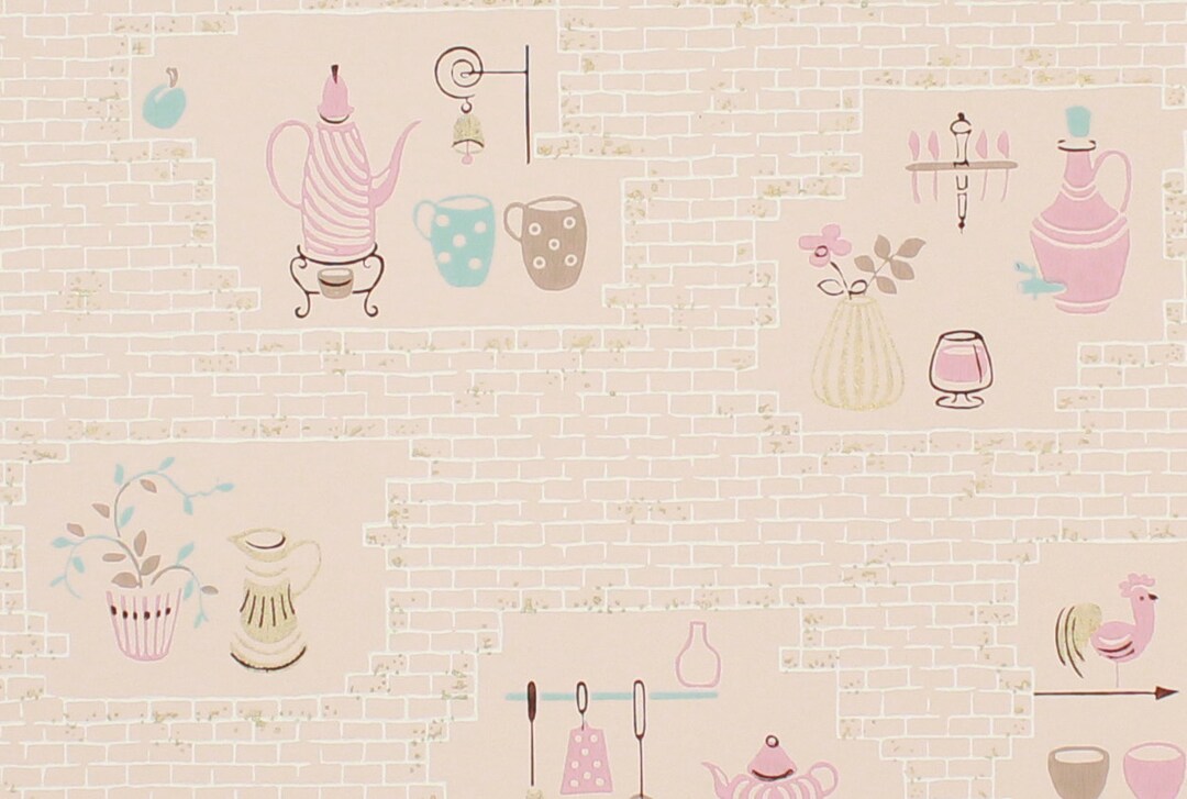 1950s Vintage Wallpaper Folk Art Teapots Kitchen Utensils - Etsy