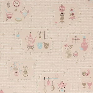 1950s Vintage Wallpaper - Folk Art Teapots Kitchen Utensils Roses Lamps on Pink Brick, Sold by the Yard