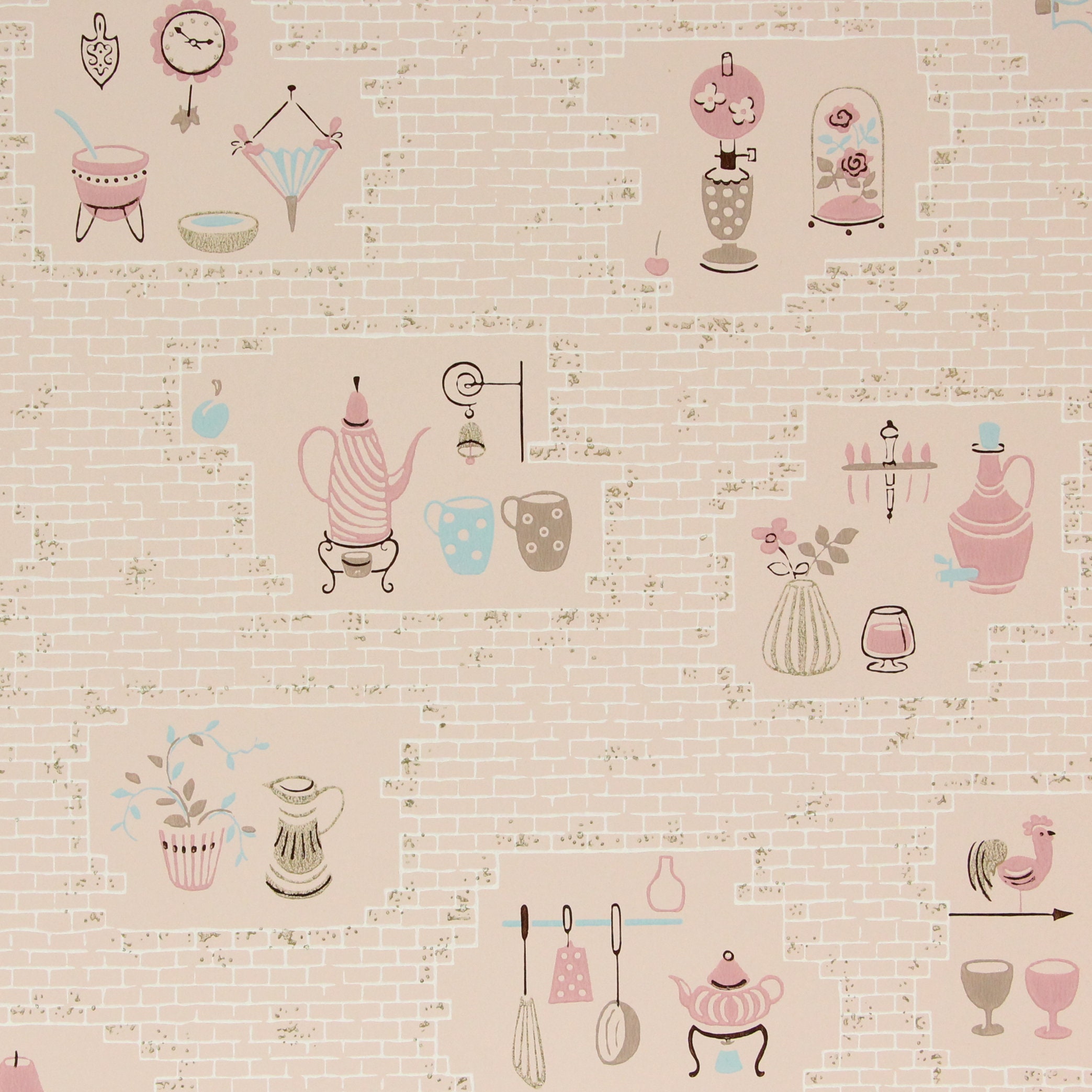 1950s Vintage Wallpaper Folk Art Teapots Kitchen Utensils Roses