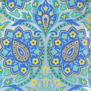 1970s Vintage Wallpaper - Retro Yellow Green Blue Flowers on Metallic Foil, Sold by the Yard