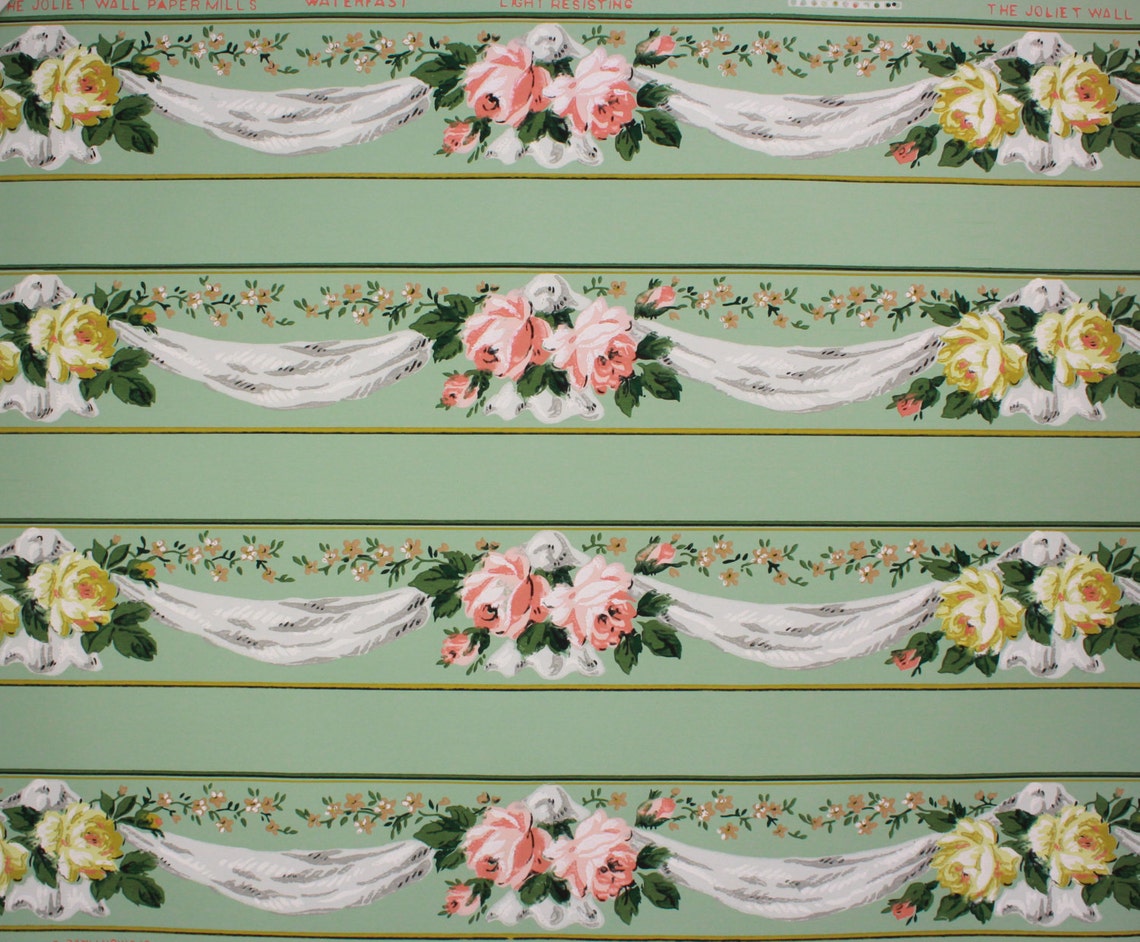 1940s Vintage Wallpaper Border Pink and Yellow Roses with