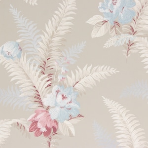1940s Vintage Wallpaper - Blue Mauve Flowers on Beige/Gray, Sold by the Yard