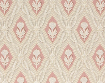 1930s Vintage Wallpaper - White Floral on Mauve Geometric, Sold by the Yard