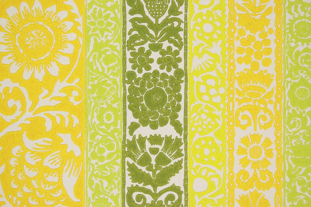 1970s Retro Vintage Wallpaper Green and Yellow Stripe Floral - Etsy