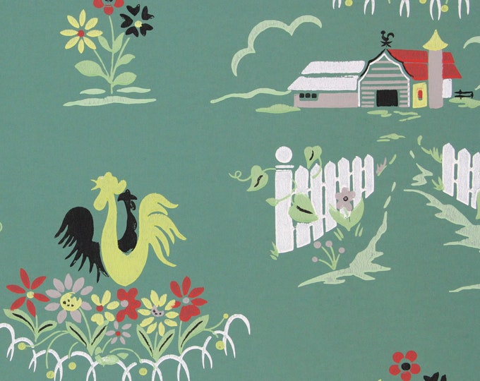 1940s Vintage Wallpaper Barnyard Rooster Chickens on Green by the Yard
