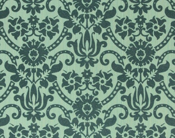 1970s Retro Vintage Wallpaper - Green on Green Flock Damask, Sold by the Yard