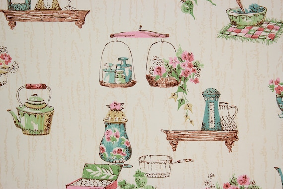 1950s Vintage Wallpaper Pink And Blue Kitchen On Wood Grain By Etsy