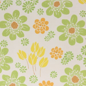 1960s Vintage Wallpaper - Retro Green Orange and Yellow Flowers, Sold by the Yard