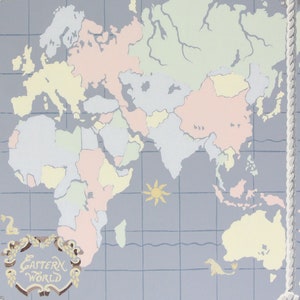 Papier peint vintage des années 40 - carte du monde de l'Est sur bleu, vendu par mètre