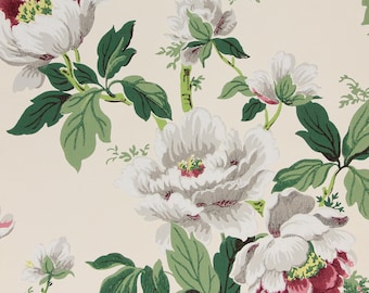 May include: A vintage floral wallpaper pattern with white and pink peonies and green leaves on a cream background.