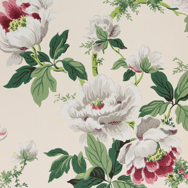 1950s Vintage Wallpaper Large Pink White Flowers on White by the Yard