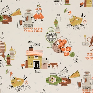 May include: A vintage style wallpaper pattern with a white background and colourful illustrations of farm animals, buildings, and food items. The text "Milk Maid", "Uncle Johns", "Apple Cider", "Sweets", "Vinegar", "Strawb", "Grape", and "First Prize" are included in the design.