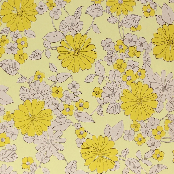 1960s Retro Vintage Wallpaper - Yellow and White Flowers on Yellow, Sold by the Yard