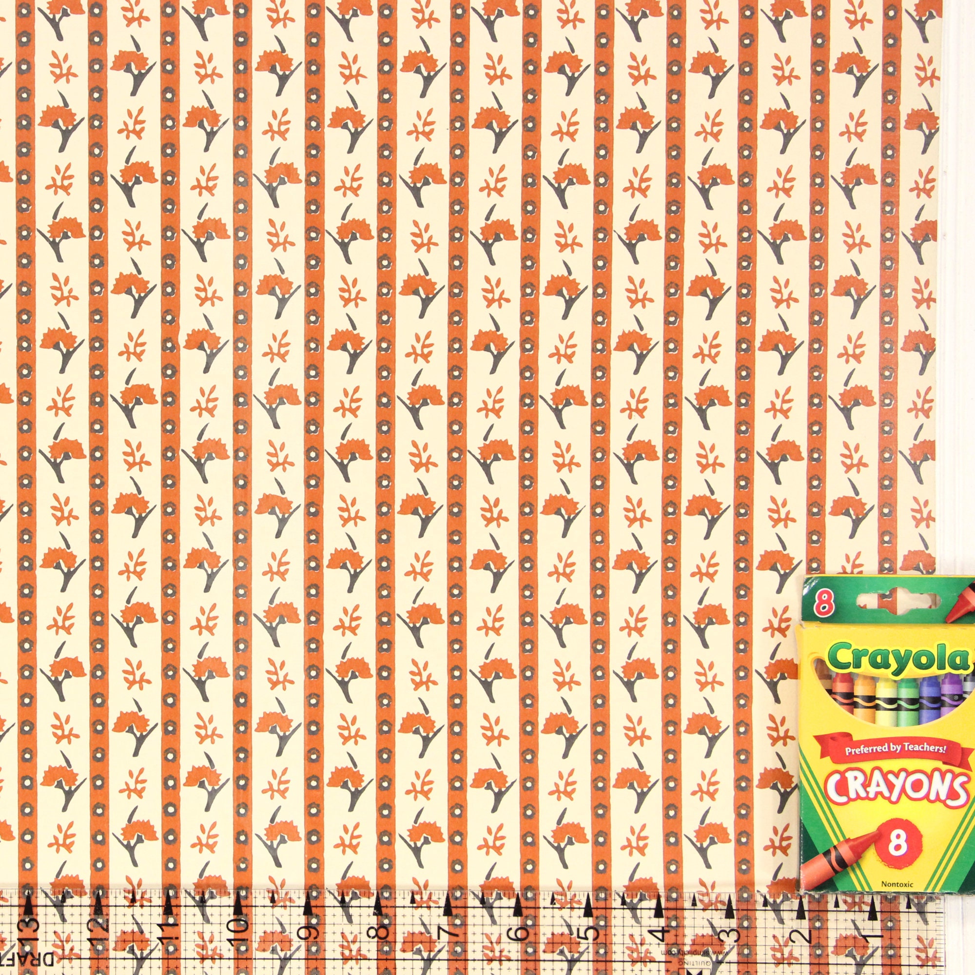 1970s Vintage Wallpaper - Vinyl Small Orange and Black Floral Stripe ...
