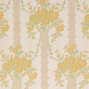 1930s Vintage Wallpaper - Yellow Bouquets on White Stripe, Sold by the Yard
