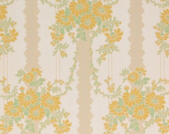 1930s Vintage Wallpaper - Yellow Bouquets on White Stripe, Sold by the Yard