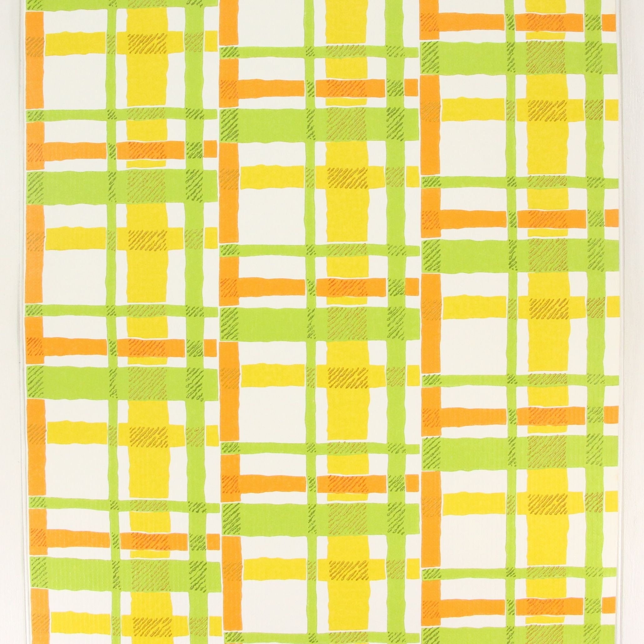 1970s Vintage Wallpaper - Vinyl Orange Yellow and Green Plaid, Sold by ...