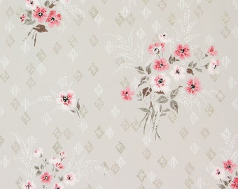 1940s Vintage Wallpaper Pink Flower Bouquets on Gray by the Yard