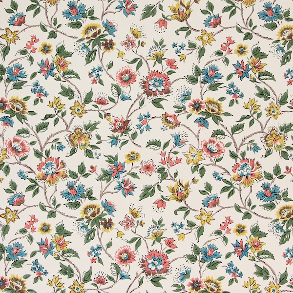 1950s Vintage Wallpaper - Pink Yellow Blue Flowers on White, Sold by the Yard