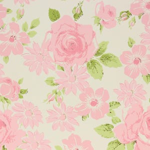 May include: A repeating floral pattern with pink roses and daisies, alongside green leaves, set against a cream backdrop. The design showcases a variety of flower sizes, offering a vintage feel.