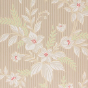 1930s Vintage Wallpaper - White Flower Bouquets on Stripe, Sold by the Yard