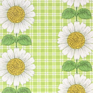 Papel pintado vintage de los años 70: vinilo con grandes girasoles sobre fondo de cuadros verdes. Se vende cortado a medida.
