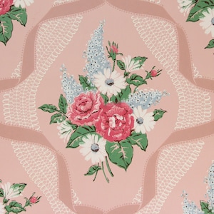 1950s Vintage Wallpaper - Pink Rose White Flower Bouquets on Pink, Sold by the Yard