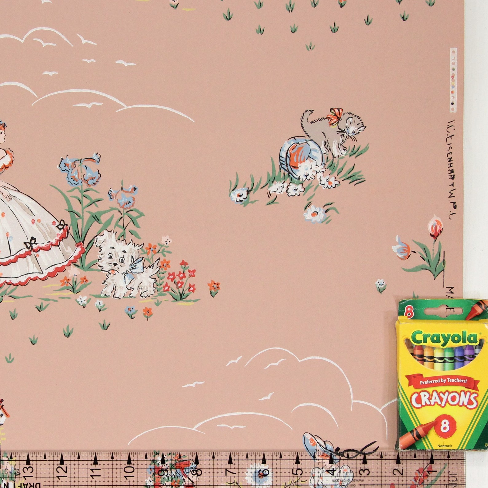 1940s Vintage Nursery Wallpaper - Flower Garden Girl Kittens Puppies on ...