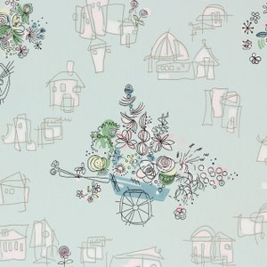 1960s Vintage Wallpaper - Pink Yellow Flowers Birds Flower Cart, Sold by the Yard